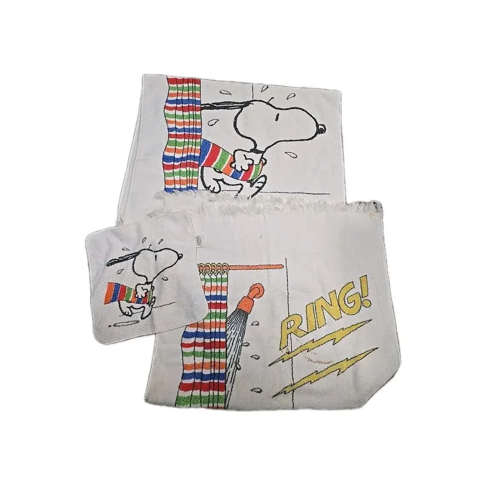 Lot of 3 Vintage Utica by J.P. Stevens White Snoopy Fringe Bath‎ and Hand Towels